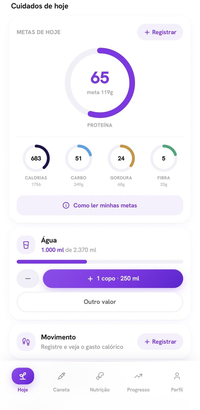 Tela Hoje do app Sevia: metas do dia com a proteína em destaque, calorias, carboidratos, gorduras e fibras, além de água e movimento
