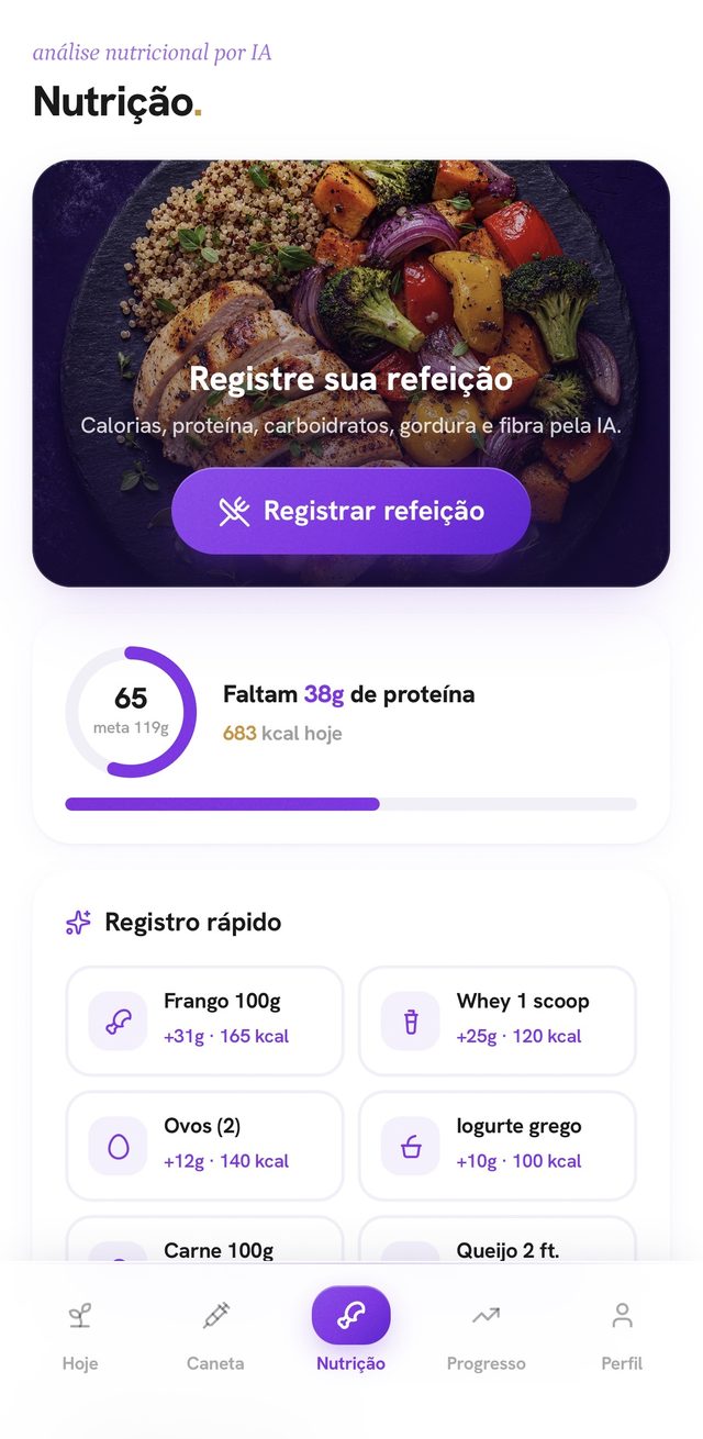 Tela Nutrição do app Sevia: registro de refeição com análise por inteligência artificial, proteína que falta no dia e registro rápido de alimentos